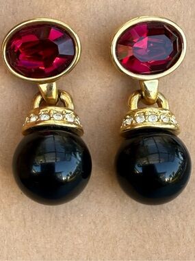 Gold Drop Earrings with Pink Crystal and Black Bead